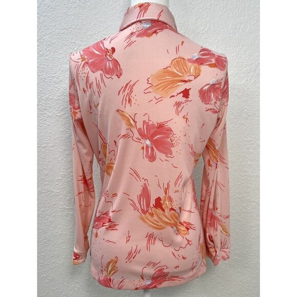 VTG 1970s ALFRED DUNNER Womens MEDIUM 14 Pink Floral Polyester Disco BLOUSE EUC - Picture 2 of 7